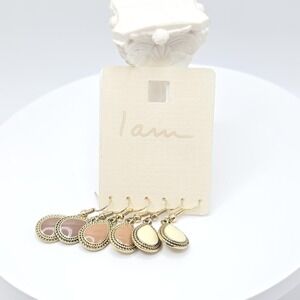 I AM Brand Earrings Enamel Teardrop Beige & Gold Tones Dangle On Card FREE $HIP!
